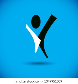 Vector illustration of joyful abstract individual with raised hands up. Successful business career abstract logo. Corporate development icon. Freedom creative symbol.