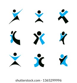 Vector illustration of joyful abstract individual with arms reaching up. Happiness metaphor logo.