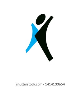 Vector illustration of joyful abstract individual with raised hands up. Liberty conceptual icon. Happiness metaphor symbol. Business innovation idea creative logotype.