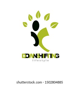 Vector illustration of joyful abstract individual with raised hands up. Downshifting concept logo. Vegetarian theme icon. Green tourism symbol.
