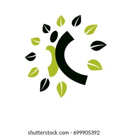 Vector illustration of joyful abstract individual with raised hands up. Go green idea creative logo. Healthy lifestyle metaphor. Vegetarian theme icon.