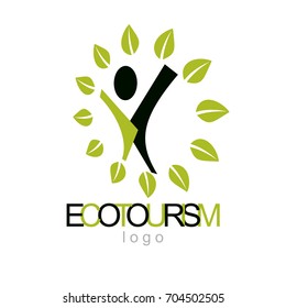 Vector illustration of joyful abstract individual with raised hands up. Ecotourism conceptual logo. Environmental conservation theme icon. Green ecology metaphor.