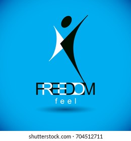 Vector illustration of joyful abstract individual with raised hands up. Successful business career logo. Corporate development symbol. Freedom creative emblem.