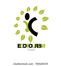 Vector illustration of joyful abstract individual with raised hands up. Ecotourism conceptual logo. Environmental conservation theme logotype. Green tourism symbol.
