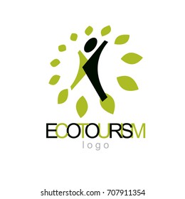 Vector illustration of joyful abstract individual with raised hands up. Ecotourism conceptual logo. Environmental conservation theme symbol.