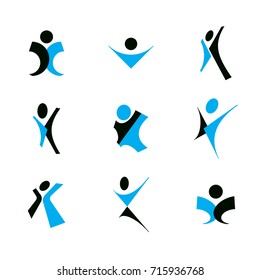 Vector illustration of joyful abstract individual with arms reaching up. Happiness metaphor logo.