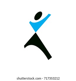 Vector illustration of joyful abstract individual with raised hands up. Liberty conceptual logotype. Happiness metaphor logo. Business innovation idea creative symbol.