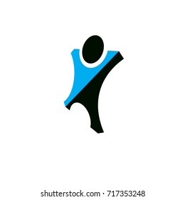 Vector illustration of joyful abstract individual with raised hands up. Successful business career abstract logo. Corporate development symbol. Freedom creative icon.
