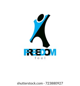 Vector illustration of joyful abstract individual with raised hands up. Successful business career logo. Corporate development symbol. Freedom creative emblem.