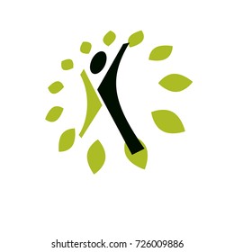 Vector illustration of joyful abstract individual with raised hands up. Go green idea creative logo. Vegetarian theme logotype. Wanderlust and countryside vacation icon.