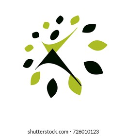 Vector illustration of joyful abstract individual with raised hands up. Go green idea creative logo. Healthy lifestyle metaphor. Vegetarian theme icon.