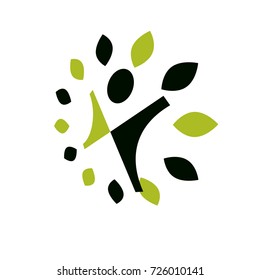 Vector illustration of joyful abstract individual with raised hands up. Go green idea creative logo. Healthy lifestyle metaphor. Environmental conservation theme symbol.