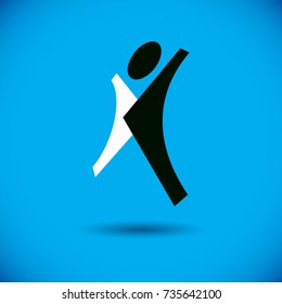 Vector illustration of joyful abstract individual with raised hands up. Liberty conceptual symbol. Happiness metaphor logotype. Business innovation idea creative icon.