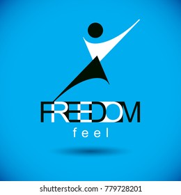 Vector illustration of joyful abstract individual with raised hands up. Successful business career symbol. Corporate development logo. Freedom creative logotype.