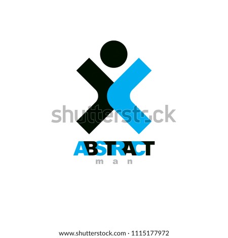 Vector illustration of joyful abstract individual with raised hands up. Liberty conceptual emblem. Happiness metaphor logotype. Business innovation idea creative symbol.