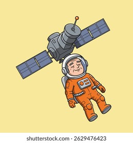 Vector illustration of a joyful astronaut in a white suit, sitting on a moon rock, observing a tiny satellite.