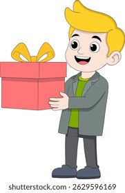 Vector illustration of a joyful boy holding a wrapped surprise gift during a birthday celebration