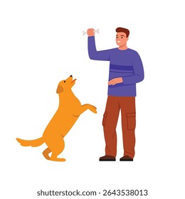 Vector illustration of a joyful boy playing with a dog. Cartoon scene of a boy holding a dog bone, a dog standing on its hind legs with its tongue sticking out isolated on a white background.
