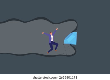 Vector illustration of a joyful businessman celebrating in a tunnel after discovering a hidden diamond, representing victory, wealth, success, and the reward of perseverance and hard work