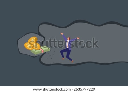 Vector illustration of a joyful businessman celebrating in a tunnel after discovering a hidden treasure of gold coins and cash, a powerful symbol of reward, financial success