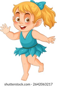 Vector illustration of a joyful child with blonde hair in a blue dress. Bright colors and playful style enhance the lively mood