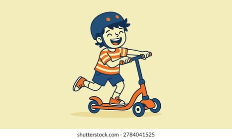 Vector illustration of a joyful child wearing a helmet and riding a three-wheeled scooter. Perfect for kids' themes, transportation, and active lifest