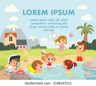 Vector illustration. Joyful children enjoy summer vacation, sunbathing on seaside. Kids bathing and swimming in blue sea water, palms, mountains on background. Boy looks at crab with magnifying glass