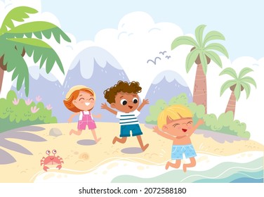 Vector illustration. Joyful children enjoying summer vacation, rest, sunbathing on the seaside at tropical resort. Kids bathing and swimming in blue water in tropical sea with palm trees on background