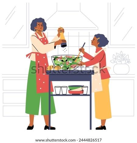 A vector illustration of a joyful cooking session between mother and daughter, seasoning a fresh salad in a cozy kitchen.