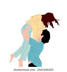 A vector illustration of a joyful couple in love where a man tosses a woman in the air with happiness, symbolizing fun, romance, and a carefree connection, perfect for love and celebration themes.