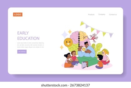 Vector illustration of a joyful educational scene with children and a teacher engaged in learning activities. Features colorful elements representing education, fun, and creativity.