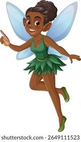 Vector illustration of a joyful fairy with blue wings and green dress, showcasing vibrant colors and playful composition