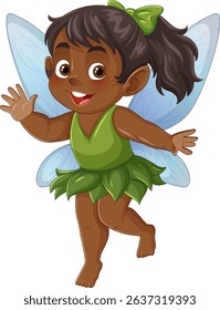 Vector illustration of a joyful fairy child with blue wings and a green dress, showcasing vibrant colors and playful style