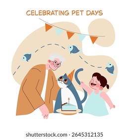 Vector illustration of a joyful family celebrating a pet's special day. An elderly person and child smile at a cat wearing a party hat, with decor and a cake enhancing the festive atmosphere.