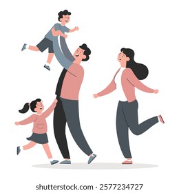 Vector illustration of a joyful family spending quality time together. Features a father lifting his son, a mother running with happiness, and a young daughter holding her father's hand. Perfect for 