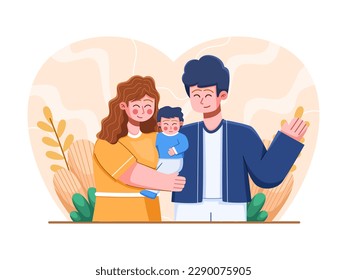 A vector illustration of a joyful family, with a wife holding her baby in her arms while her husband embraces them both. Perfect for web, banner, card, infographic, etc.