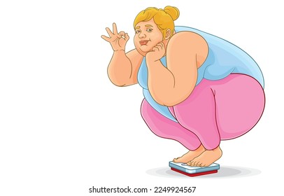 Vector illustration of joyful fat girl confidently showing ok sign on weigh scale,decreased body weight,satisfied body weight,isolated on white,empty space,overweight,health problems from obesity.