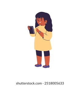Vector illustration of a joyful girl with a mobile phone in her hands isolated on a white background. The picture shows a child interacting with a modern gadget