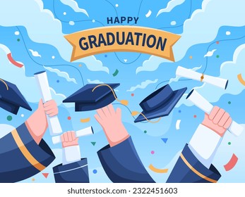 A vector illustration of a joyful graduation celebration, featuring a hand from a group of students tossing a graduation cap into the air.
Happy Graduation.
Suitable for greeting card, banner, poster.