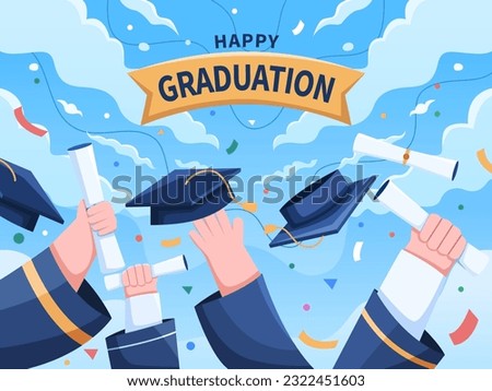 A vector illustration of a joyful graduation celebration, featuring a hand from a group of students tossing a graduation cap into the air.
Happy Graduation.
Suitable for greeting card, banner, poster.