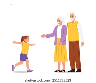 Ilustración vectorial de una nieta alegre corriendo a su abuelo y abuela. Escena de dibujos animados de niña feliz corriendo con los brazos extendidos a los abuelos aislados sobre fondo blanco.