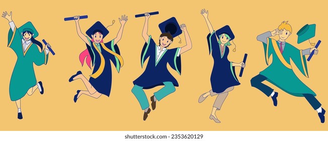 Vector illustration of a joyful group celebrating graduation. Jumping while holding college or school diplomas. Flat illustration cartoon style. Suitable for banner, advertisement and social media.