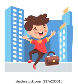 Vector illustration of a joyful guy among the cityscape in a cute cartoon style.