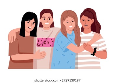 Vector illustration of a joyful, happy group of girls. Cartoon scene of fair-skinned, tanned, smiling, friendly hugging girls isolated on white background. Brunette, blonde, brown-haired girls.