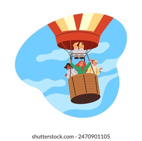 Ilustración vectorial de un alegre vuelo en globo aerostático mostrando personajes felices en una cesta contra un cielo azul. Ideal para diseños temáticos de viaje. Etiqueta aislada.