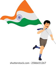 Vector illustration of a joyful Indian boy running with the national flag, symbolizing patriotism, freedom, and national pride. Perfect for Republic Day, Independence Day, and cultural celebrations