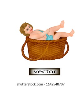 Vector illustration of a joyful kid lying in a wicker basket.