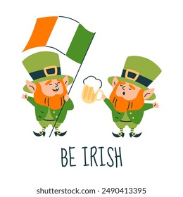 Vector illustration of joyful leprechauns in a green suit for St. Patrick's Day. Cartoon dwarfs in a big hat, holding the flag of Ireland and a mug of beer