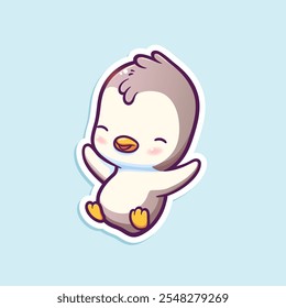 Vector illustration of joyful little penguin. Color sticker with cute cartoon character. Polar animal.