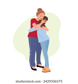 vector illustration of a joyful meeting of a beautiful mum and a teenage girl who are hugging on a light background
